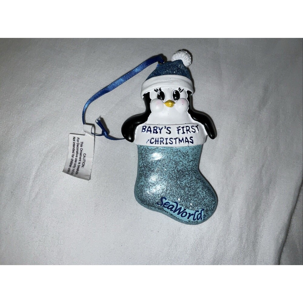 SeaWorld Ornament Baby’s First Christmas Penguin Blue Stocking Brand New